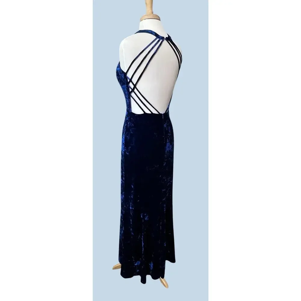 Vtg 90's Y2K Morgan Co Maxi Dress 9/10 Dark Blue Crushed Velvet Whimsigoth Fairy